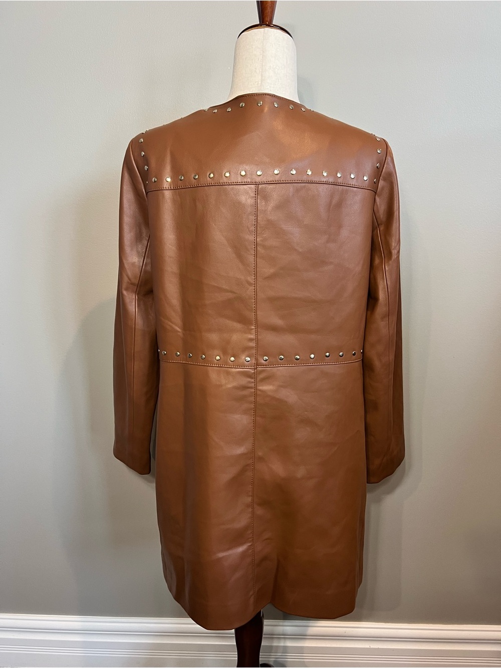 Chico's Cognac Faux Leather Stud-Trim Coat, Washable (NEW) - Picture 6 of 9